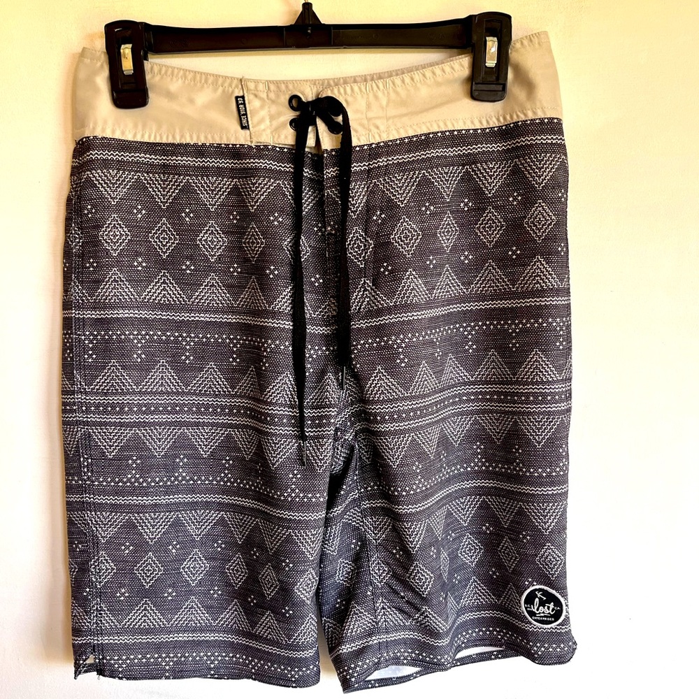 Men's Black Patterned Swim Trunks with Cream Waistband